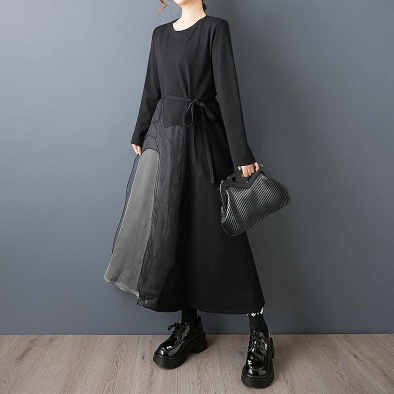 異素材 切替 アートワンピース ン 00305