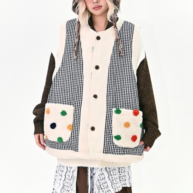 dot x check reversible boa vest　ドット×チェックリバーシブルボアベスト　J1655