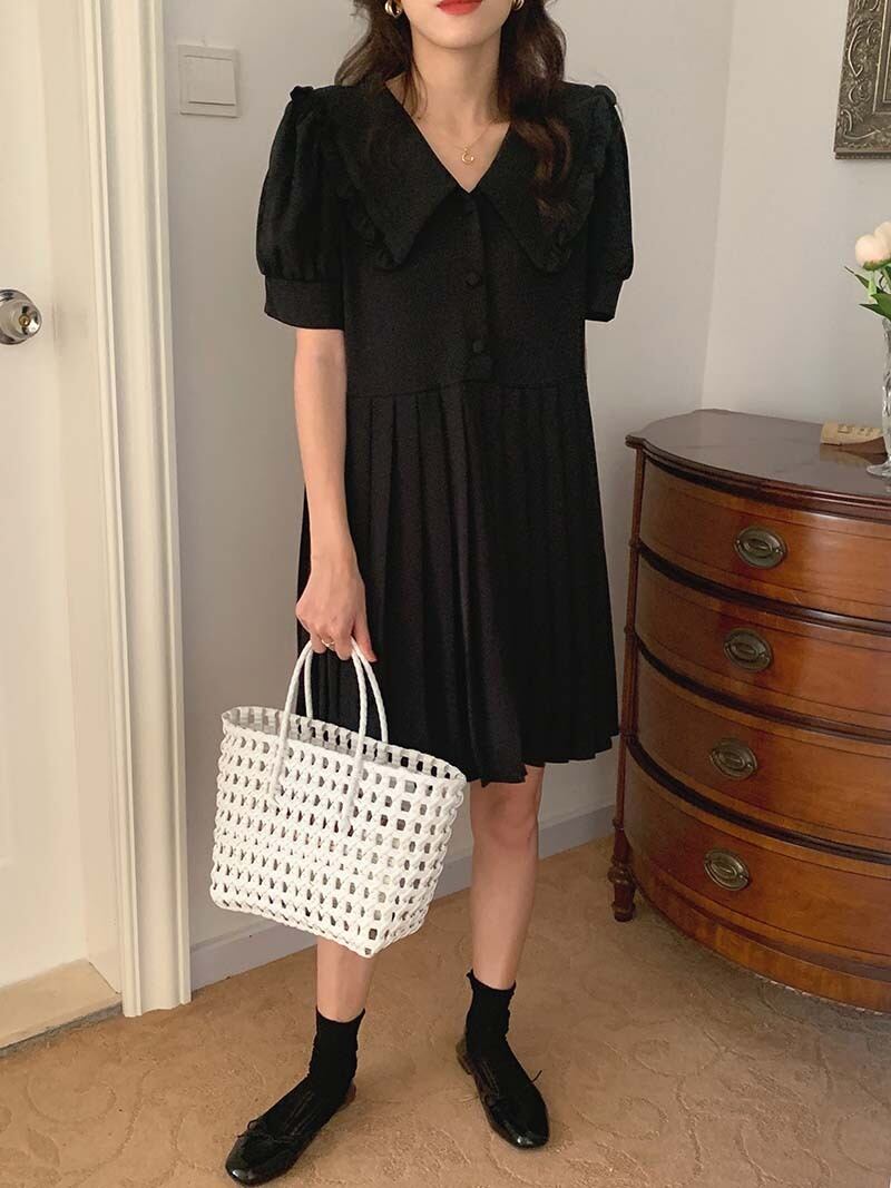 ソリッド カラープリーツドレス サマーウェスト薄手スリーブAラインスカート 夏物 ソリッドカラー ビッグFスモールZ韓国29272962285