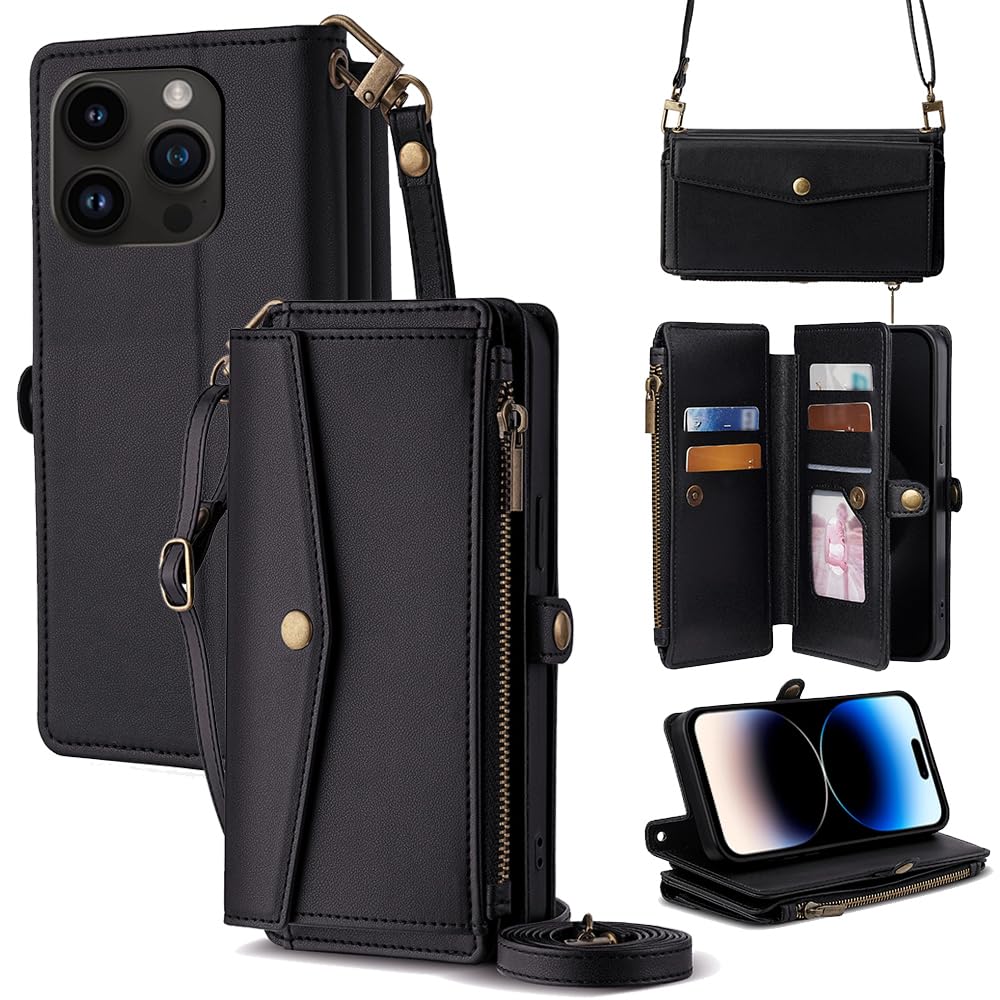 Cacheluna 手帳型ケース ショルダーケース for iphone 手帳型 ショルダーケース レザー for iPhone 14 Pro 斜め掛けと手持ちー スマートフォンケース 財布型 対応 アイフォン 肌触り良い 便利