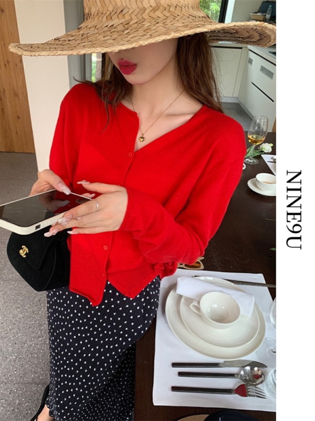 v-neck plain thin cardigan 9color【NINE7734】