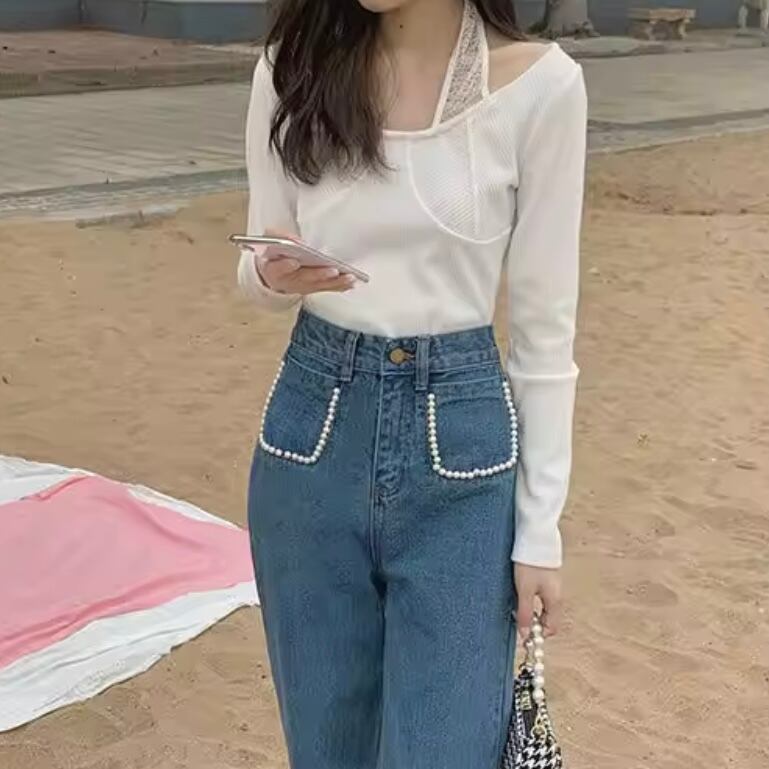 ガーリーパールストレートデニム