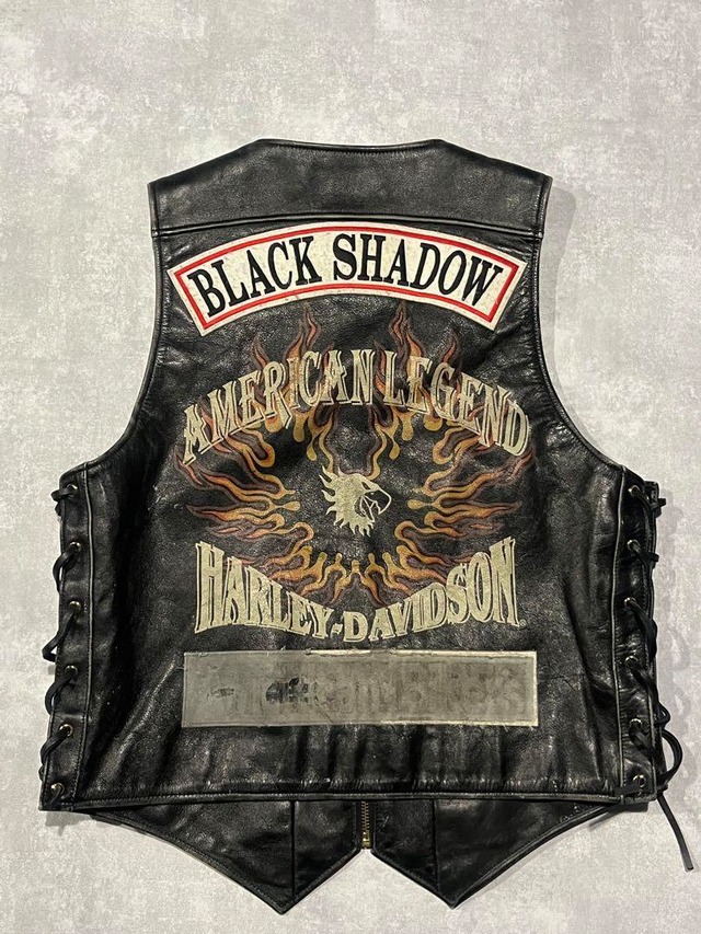 harley davidson 90s レザーベスト バックプリント ファイアー | CHASE