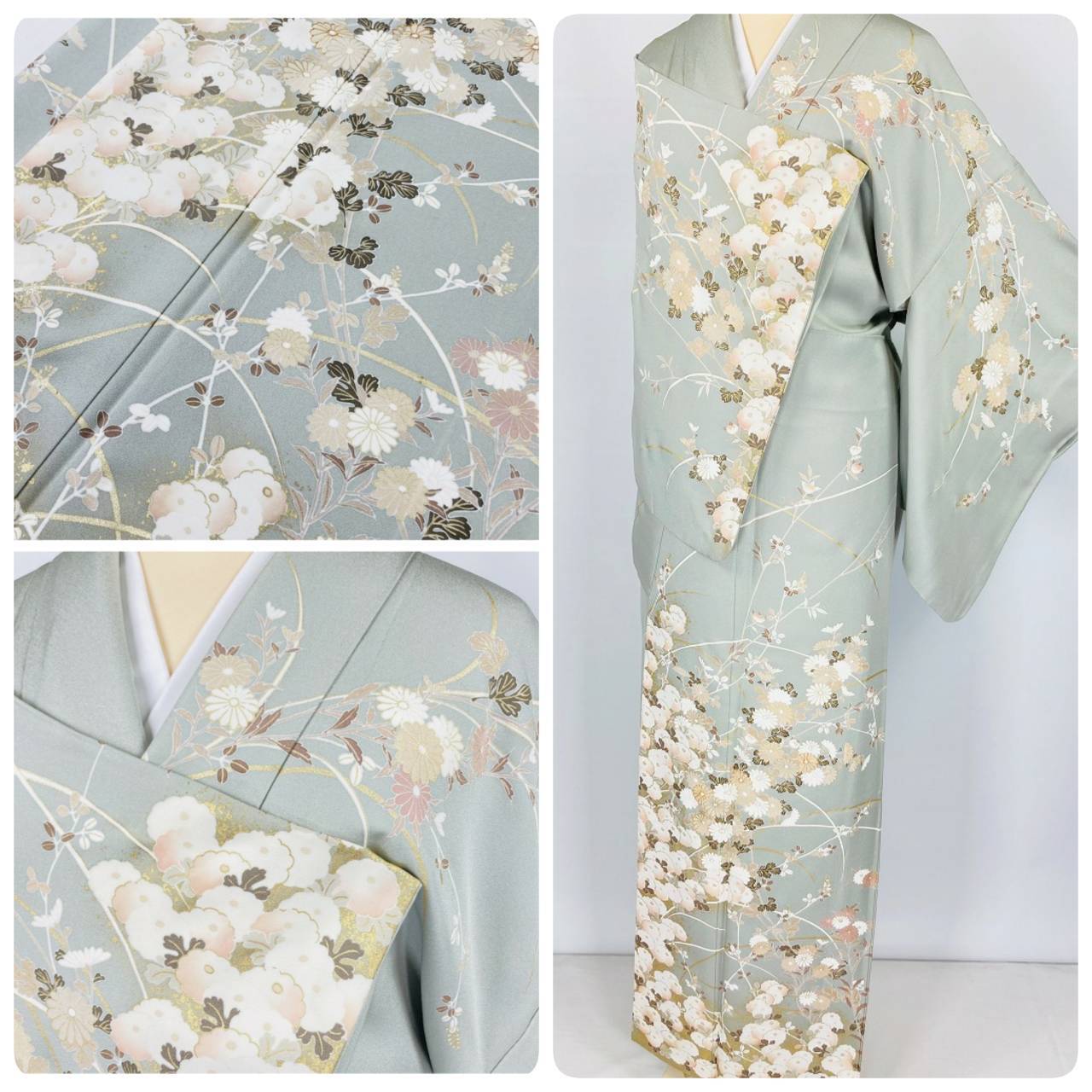 本金箔 金駒刺繍 京友禅 菊 萩 訪問着 花柄 正絹 裏葉色 薄緑 766 | kimono Re:和 [online store] キモノリワ 着物  帯