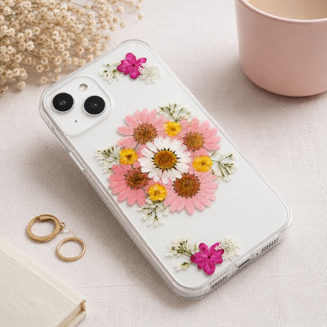 【ほぼ全機種対応スマホケース】押し花スマホケース NO.517(ピンク）  押し花＆レジン iPhone/Xperia/AQUOS/Galaxy