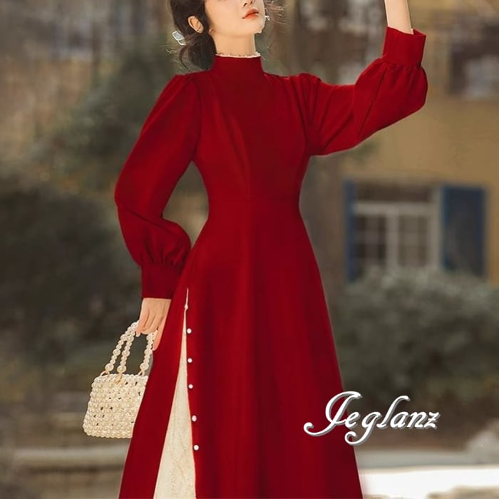 3色 ワンピース ドレス パール付き 切替 レース ハイネック きれいめ ♪(M5860)γα