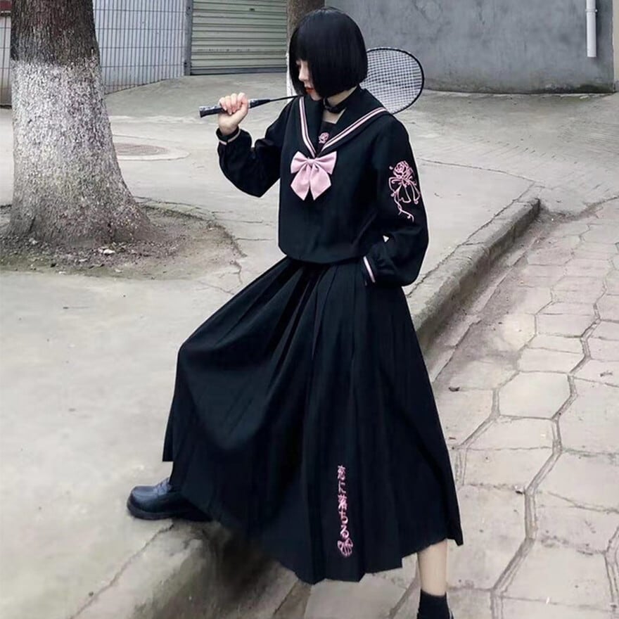 サブカル 服 地雷系 通販 セーラー服 上下セット ロング丈 プリーツスカート ダーク 不良少女 闇かわいい 系