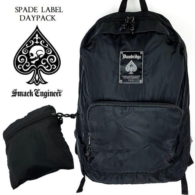 SMACK ENGINEER / スマックエンジニア「Rogia限定 SPADE LABEL DAYPACK」折り畳み式デイパック 折りたたみ式リュック パッカブル バックパック バッグ 軽量 撥水 17L 黒 ブラック スペード スカル ドクロ メンズレディース PUNKROCK パンクロック バンド ステージ衣装 Rogia