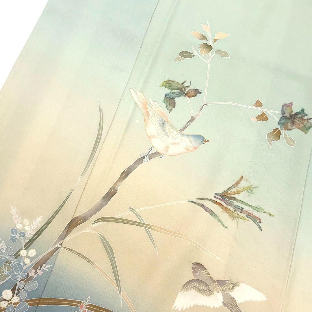 付下げ 枝葉に鳥柄 すすき 萩 金彩 秘色 しつけ糸 K-3192 | リユース  