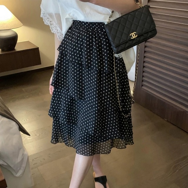 Dot tiered midi flare skirt　M2870