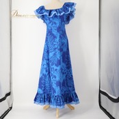 フラダンス 衣装 ワンピース ドレス ブルー系 CC Fashions ハワイ製 プルメリア柄 モンステラ柄 ハワイアンプリント アロハ フラ ダンス レッスン 練習 フリル 華やか 鮮やか さわやか 上品 かわいい おしゃれ 大人っぽい 青 水色 フラダンス用 トロピカル 美しい 夏 軽やか 柔らかい フェミニン