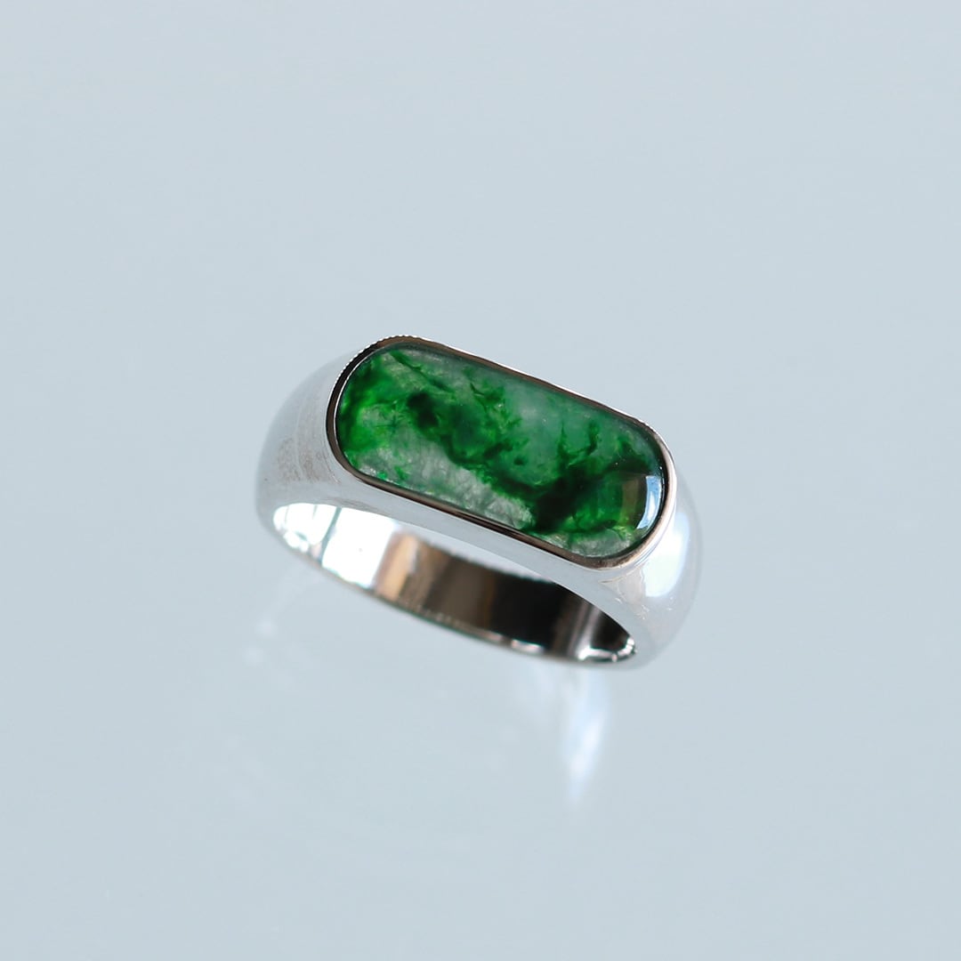 15,5号】甲丸透き通る翡翠一文字リング K18WG marble jadeite line 