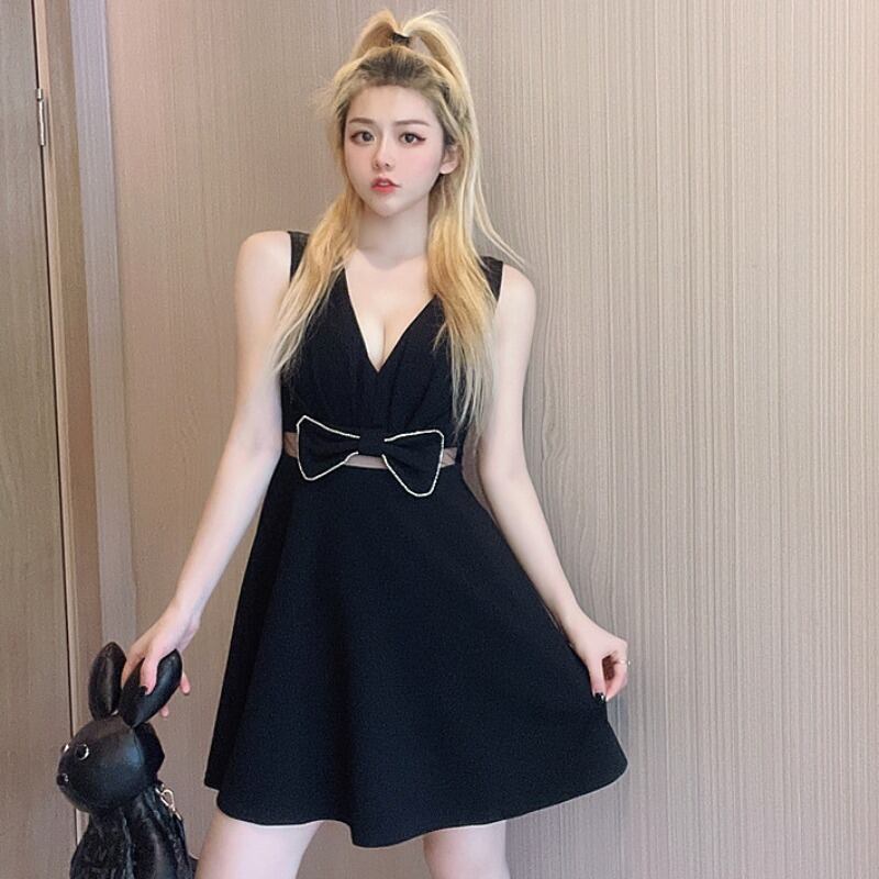 ドレス サマーVネックウェストAラインブラック 夏物 ハンチェンe30740799524