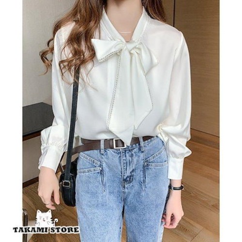 秋 春 白 インナー スーツ 3L 大きいサイズ シャツブラウス ボウタイリボンブラウス 長袖 レディース トップス ブラウス ボウタイブラウス