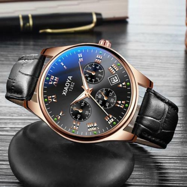 メンズ　腕時計　ラウンド　ブラック　黒　レザー　クォーツ時計　カジュアル　ビジネス　高級ブランド　Trendy-19-gold