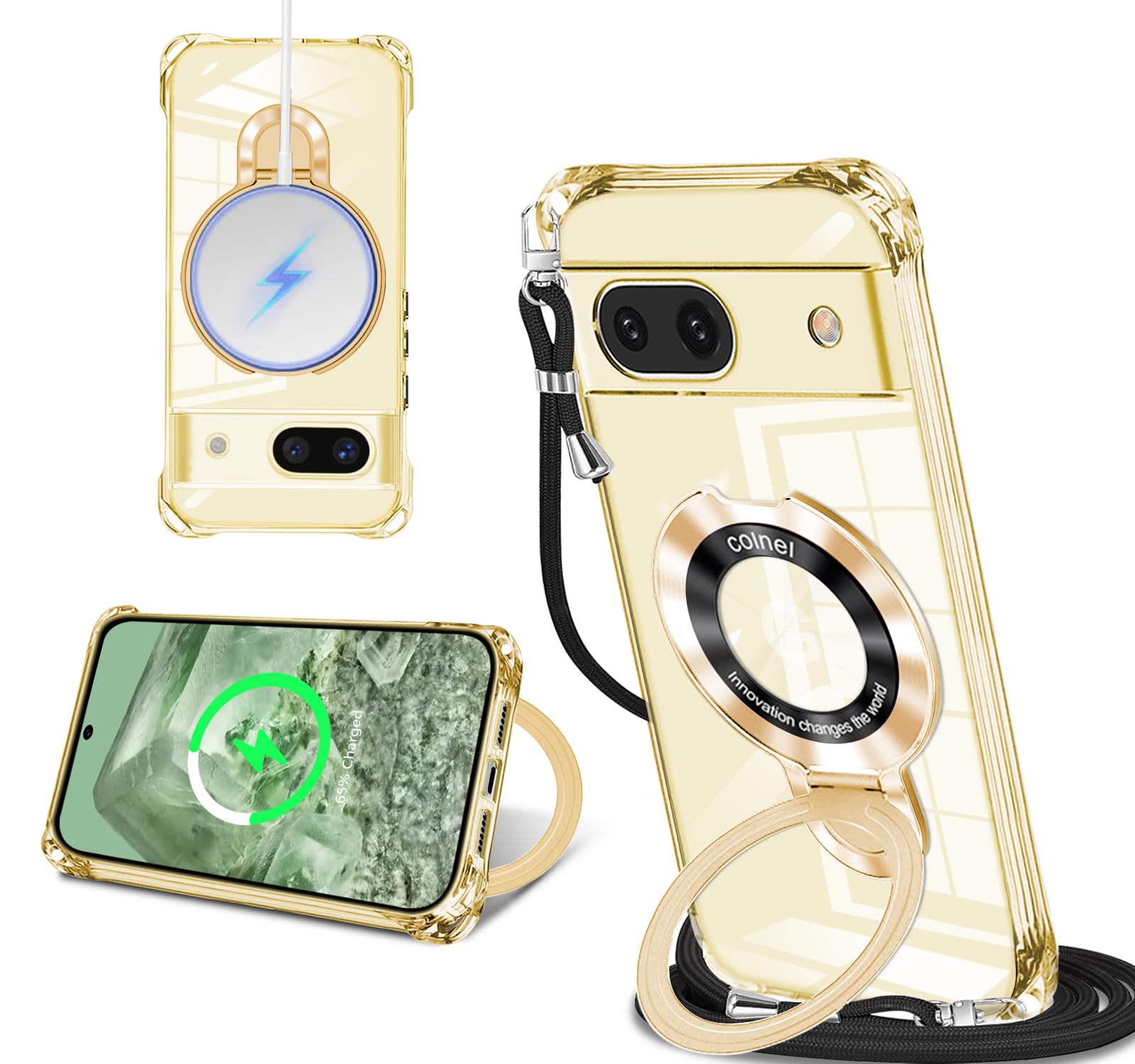 Google Pixel 8A 用 ケース クリア MagSafe対応 TPU リング付き ネック ショルダー ア ピクセル 8a 縄掛けケース 透明 肩掛け 斜めかけ 韓国 可愛い 縄掛け カバー 丸型スタンド付き 縦横両対応 耐衝撃 ストラップホール付き あいほん pixel 8a スマホケース 滑り止め 全面保護
