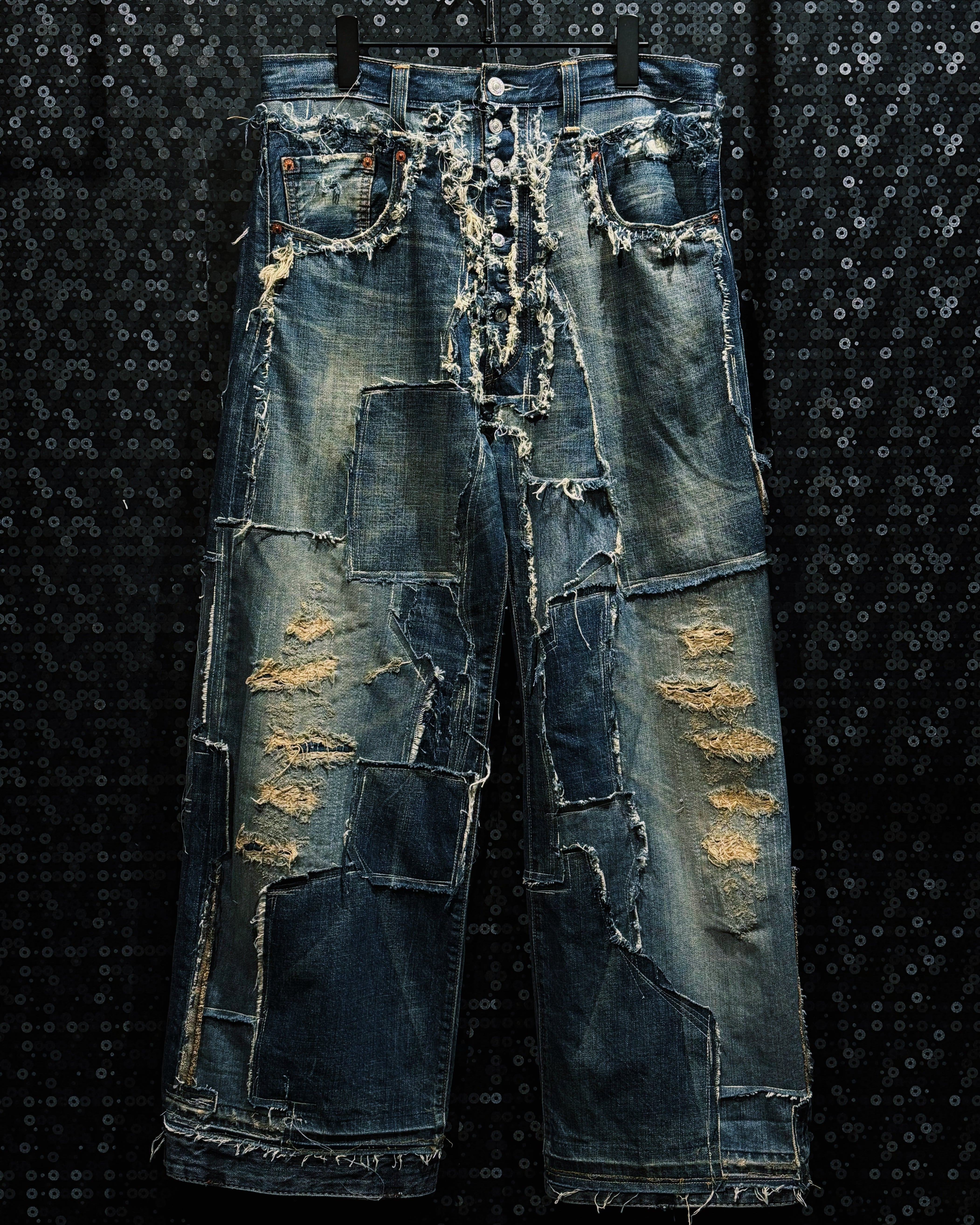 【ÆIEM】"Yuumu Abe” Reconstruction Patchwork Destroyed Wide Denim Pants