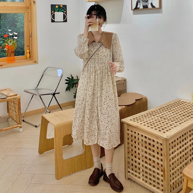 スタンダードカラースリーブフローラルドレス スプリングスカート ロング ランタンスリーブ レトロ 春物 花柄 萌量不足81493507986