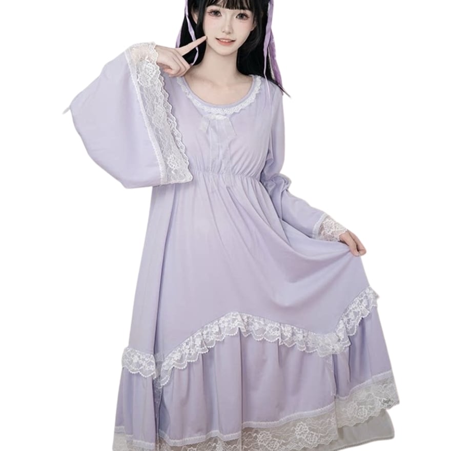 星箱works すみれの物語 ワンピース S ロリィタ クラロリ ラベンダー 紫 クラロリ ラベンダー長袖ワンピース 白レース おでかけ向け | ゴスロリ