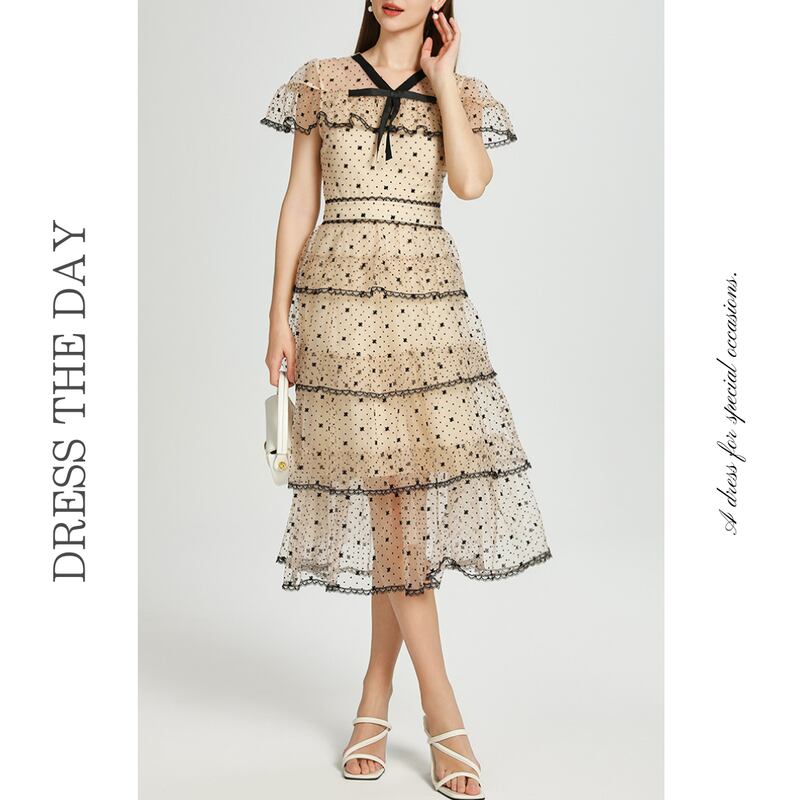 ボウタイプチドットティアードドレス D0132