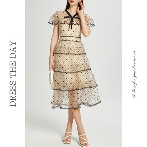 ボウタイプチドットティアードドレス D0132