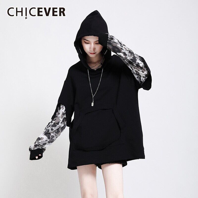 CHICEVERパッチワークスウェットシャツレディースフード付き長袖プリントカモフラージュヒットカラーストリートスウェットシャツ2020スタイル ロング 6base581653629549