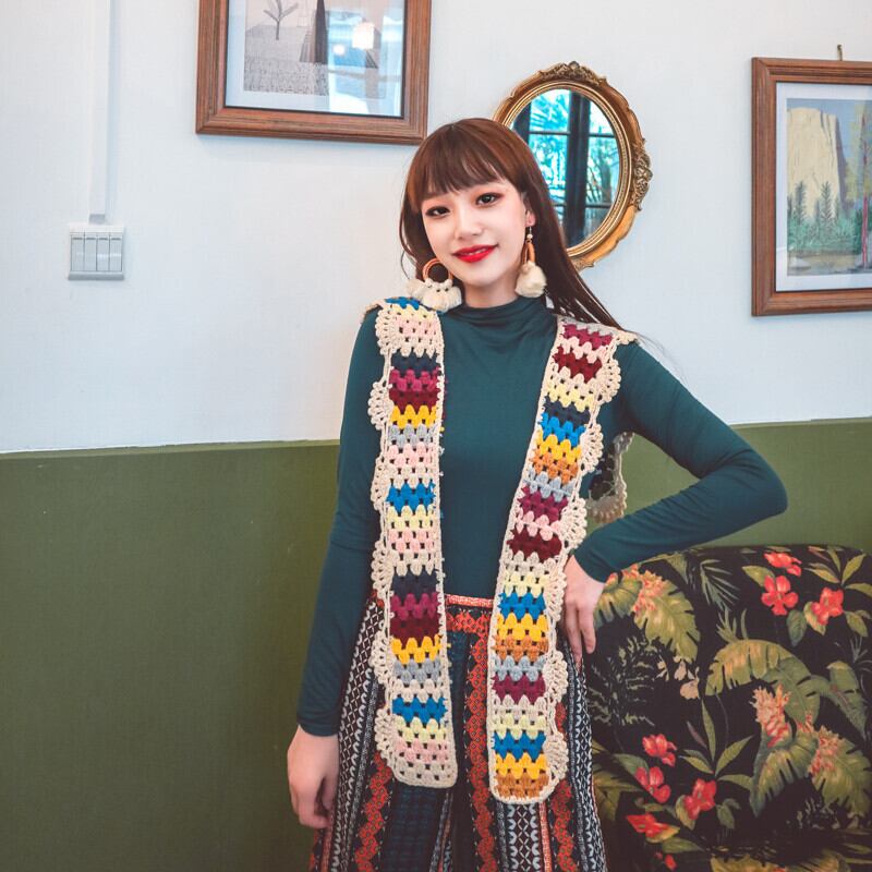 エスニックスタイル、手編みのニットウール、カラーショール、スカーフ、スカーフ、オールマッチレトロバック 延命家ファッション11568110145