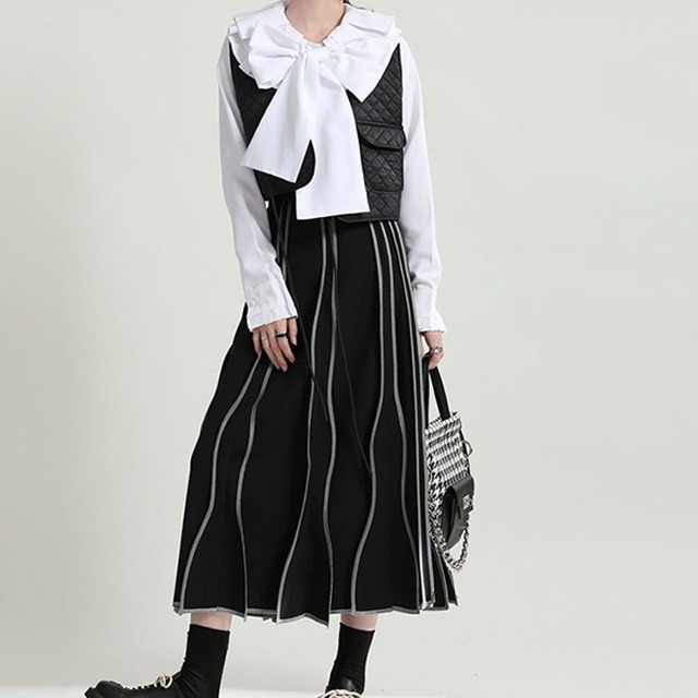 WAVE DRAPE A-LINE MIDI DESIGN SKIRT 1color M-11765