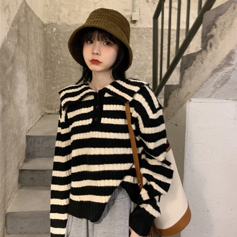 オータムスタイルストライプセーター スタンダードルーズ レトロ 秋物 1号婦人89558269871