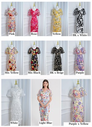 ブラッシュ・ペタル　フラワー五分袖ペンシルドレス　M25206