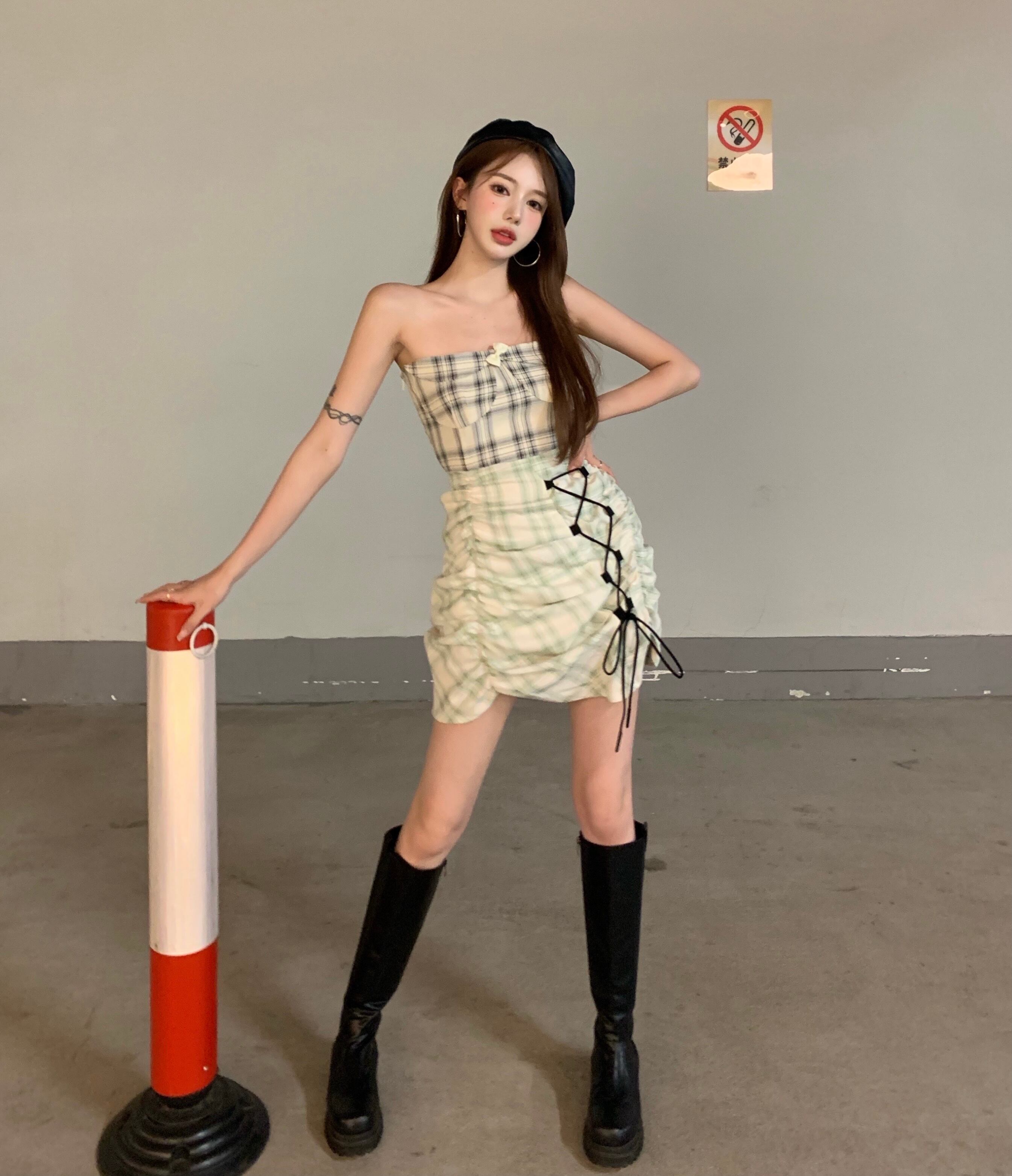 格子柄トップス ドレス サマーショートスカート ギャザー 夏物 ブラックストロベリース12773781751