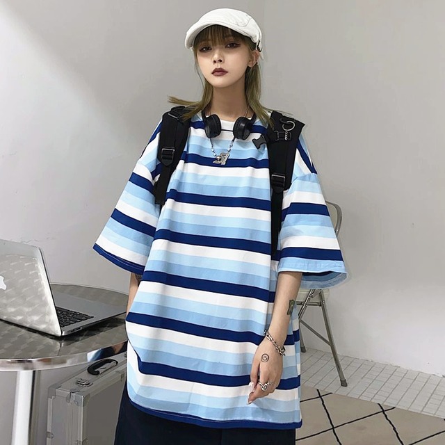 サマースタイルブルーストライプトップス ルーズTシャツ かわいい 夏物 Brother_is_Style32824100183