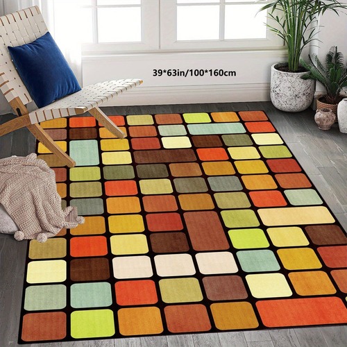 マット 絨毯 カーペット オシャレ レトロスタイル カラフルなグリッドパターン 暖色系模擬カシミヤ長方形カーペット+リビングルーム ベッドルーム 滑り止め 耐久性 お手入れ簡単 柔らかい装飾用カーペット ショップ 寝室 リビング