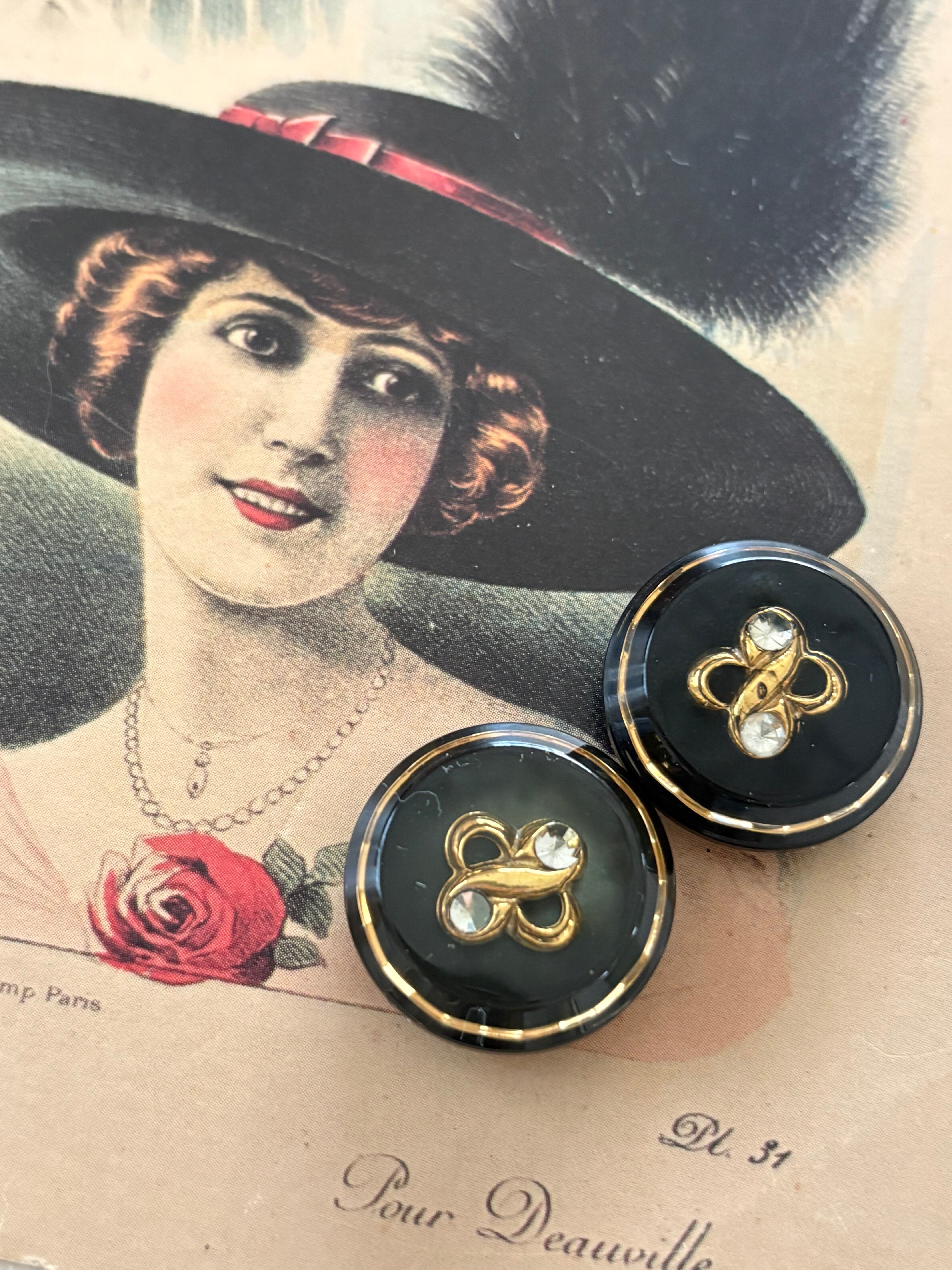 22mm Japanese ヴィンテージボタン ブラック/グレー×ゴールド ストーン 樹脂ボタン アクセサリーパーツ 装飾材