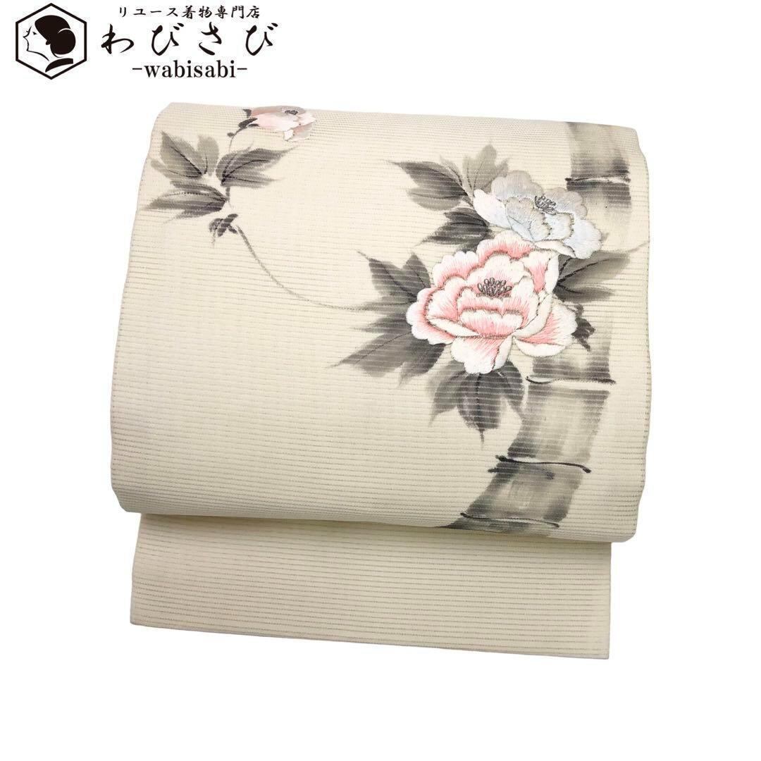 671 夏帯 花 茶色 緑 横段 名古屋帯 絽 紗 単衣 帯 正絹 着物 夏（楽天 