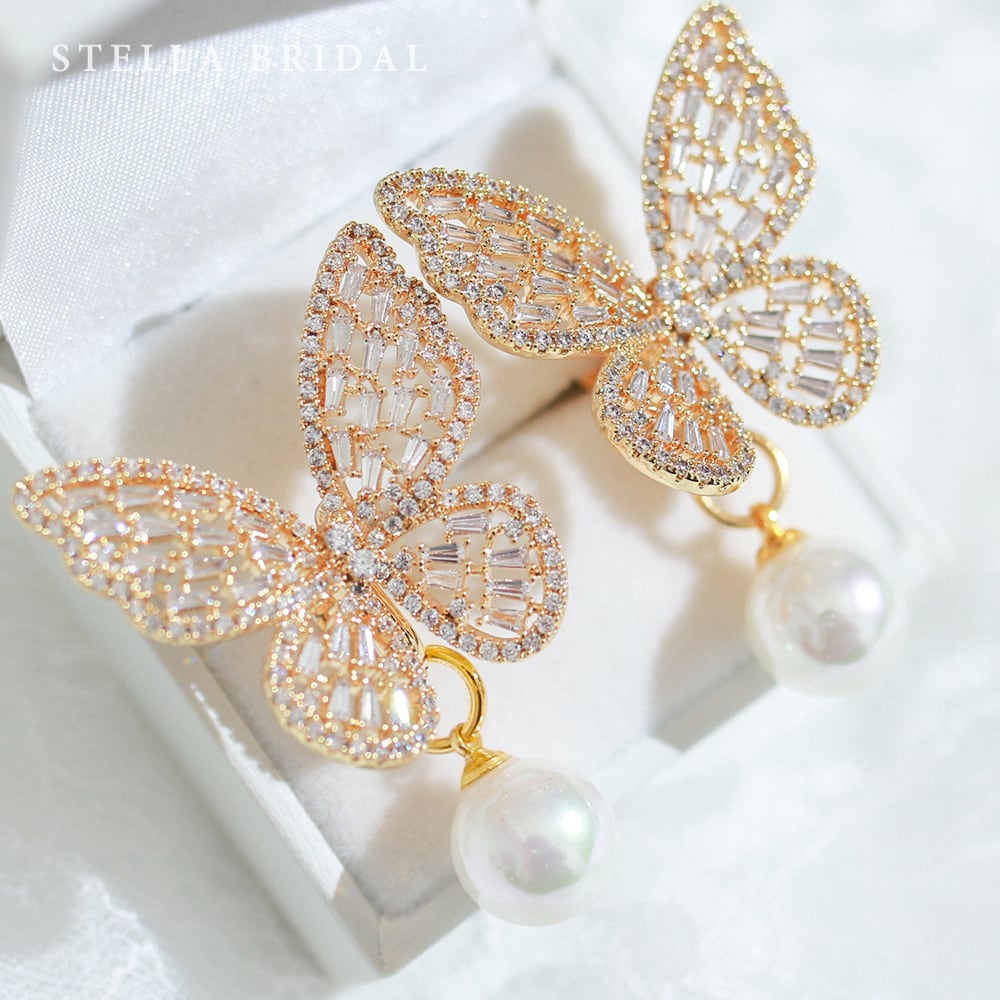 2WAY*キュービックジルコニア バタフライ ウェディングピアス&イヤリング Papillon II - パピヨンII ドロップパール ゴールド|ブライダルアクセサリー
