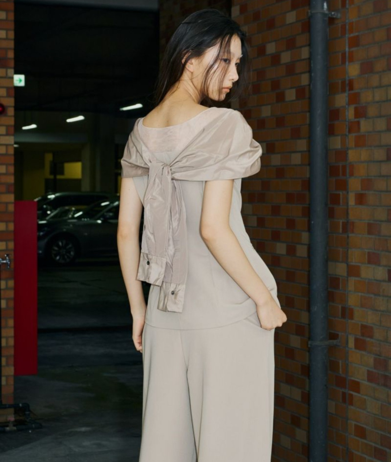 Knot Shirt Docking Setup Dress / BEIGE - 4