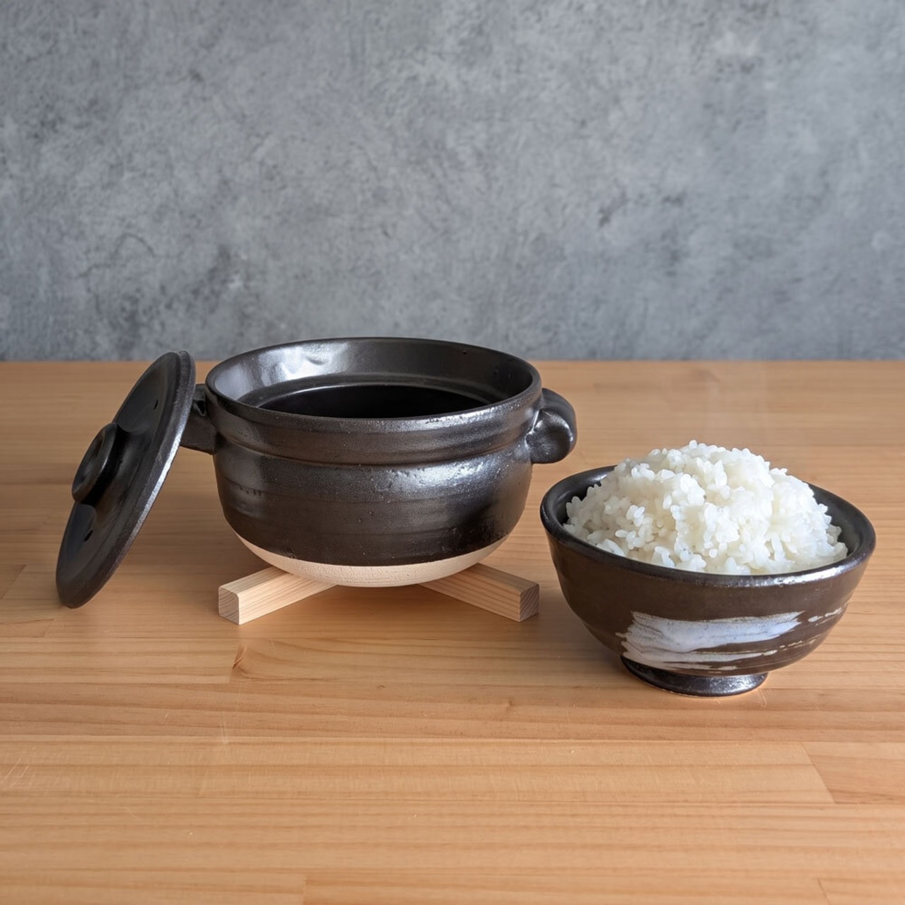 土鍋 ご飯 1合炊 黒陶茶碗付 直火専用 日本製 萬古焼