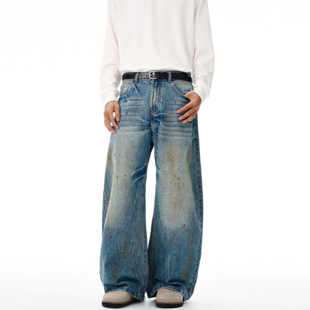 クラッシュウォッシュ ワイドデニム b00554 【S～XXLサイズ】