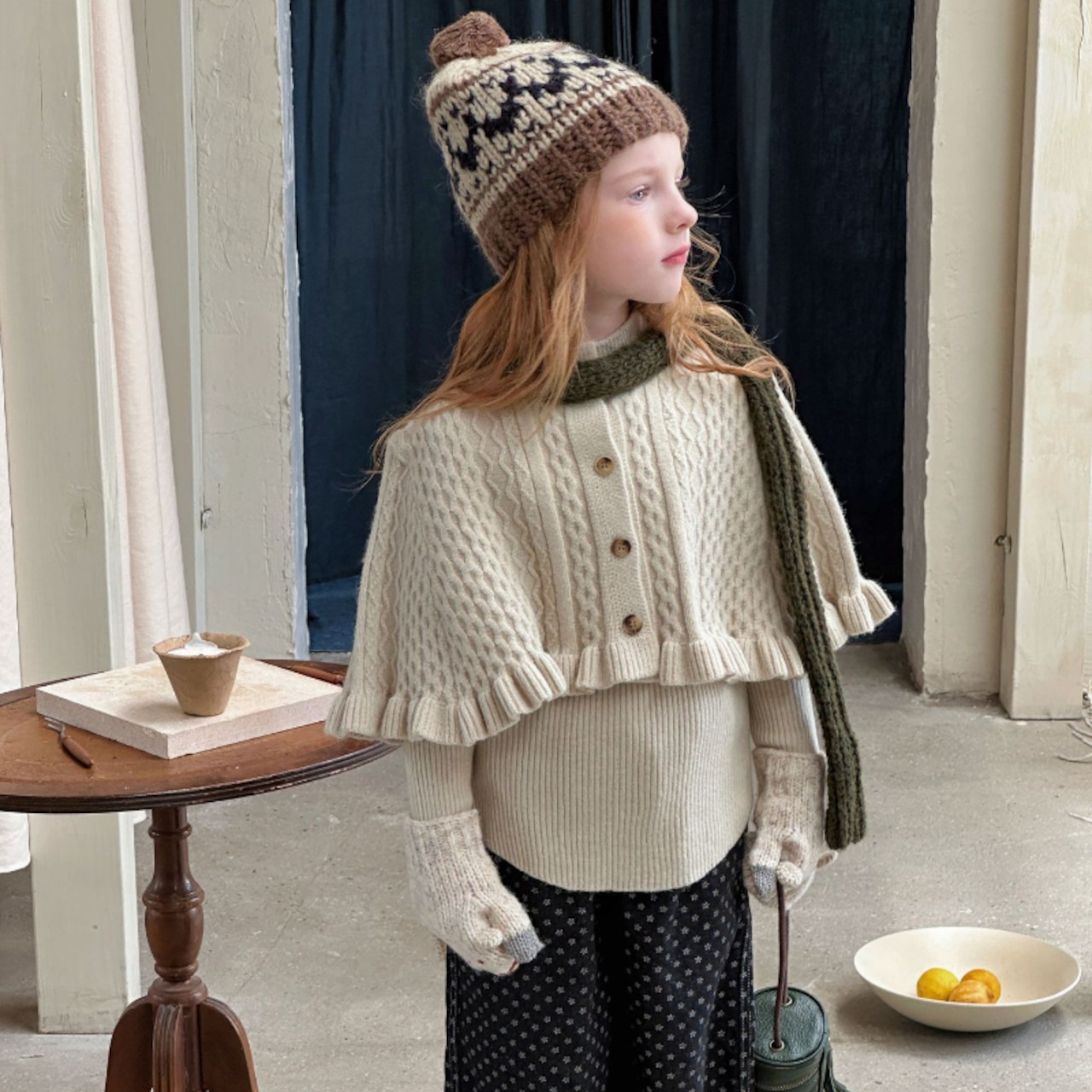 冬フレンチケーブル編みケープORTシャツ