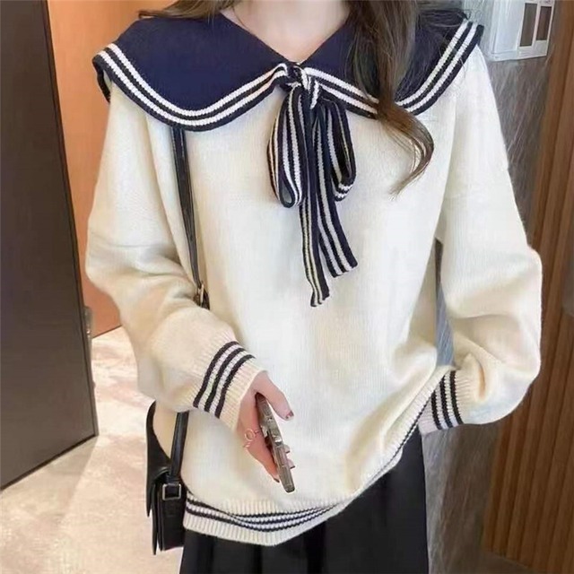 【送料無料】3色 長袖ニット セーター セーラーネック プルオーバー レトロ トップス 長袖 個性的 かわいい 大人可愛い きれいめ おしゃれ お洒落 キュート ラブリー カジュアル 主役級 存在感 レディース 柄 秋 冬 10代 20代 女性用 女の子 学生 通学 デート お出かけ 女子会 休日 着回し 普段使い 重ね着 韓国 韓国系 オルチャン ファッション コーデ スタイル JK スクール インスタ映え トレンド 流行 ゆったり ワンサイズ ホワイト ネイビー カーキ db4268