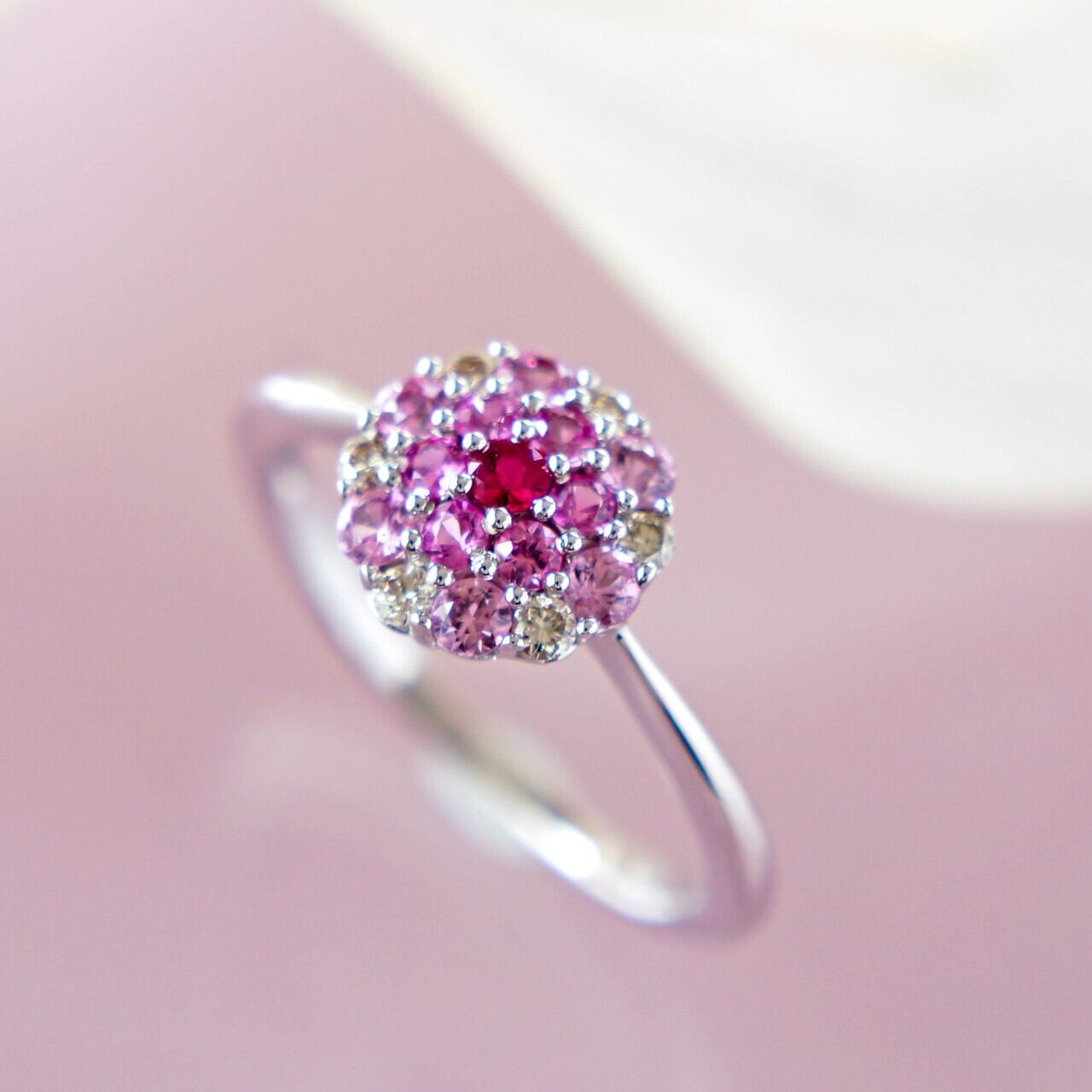 K18WG Ruby Pink Sapphire Diamonds Ring (ルビーピンクサファイア