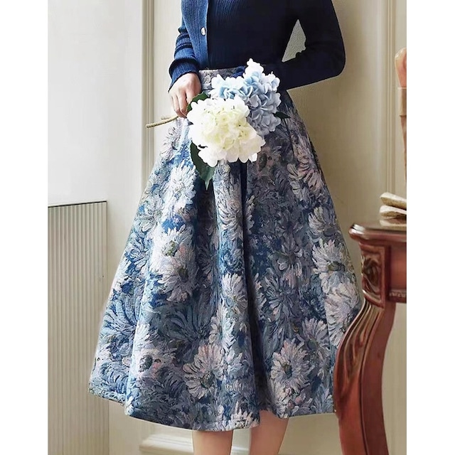 ボトムス スカート 大振裾 花模様 油絵風 青い花柄 大きいサイズ プリント S M L XL 2XL 3XL