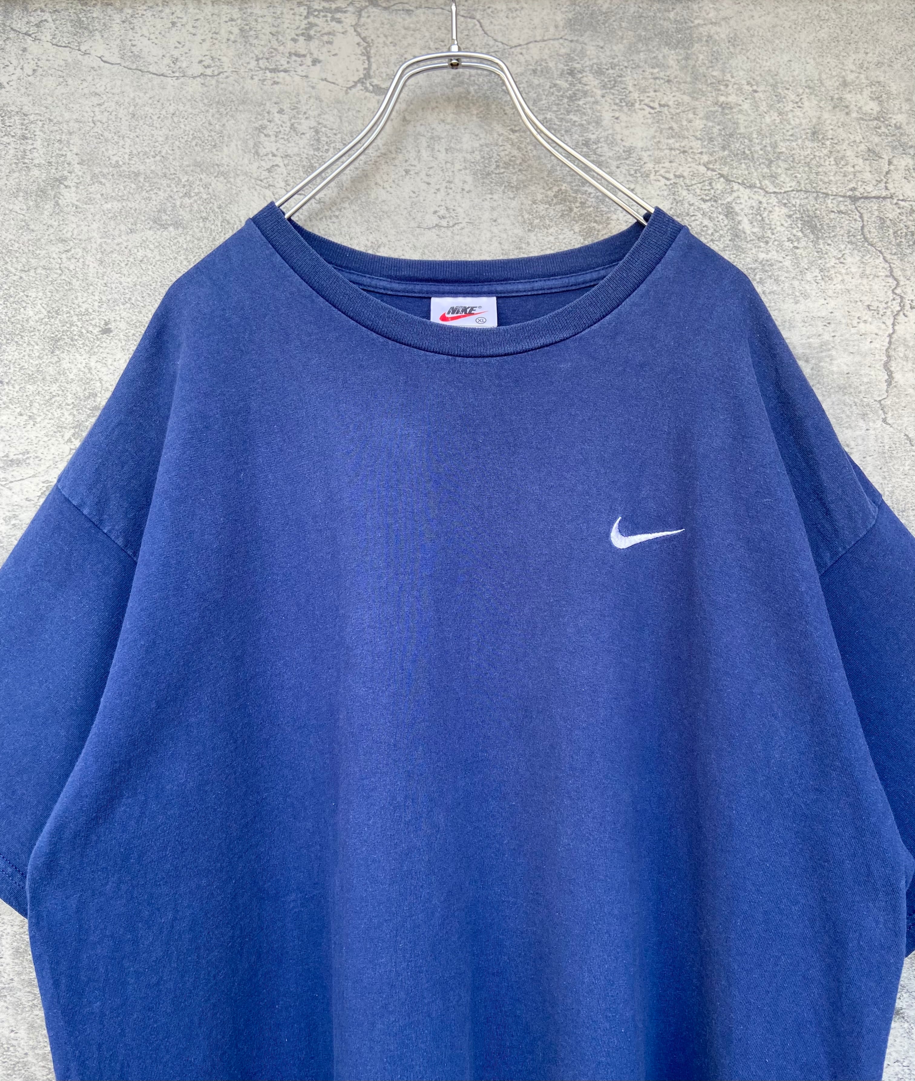 USA製 90s NIKE ナイキ 刺繍スウォッシュロゴ Tシャツ XL 紺