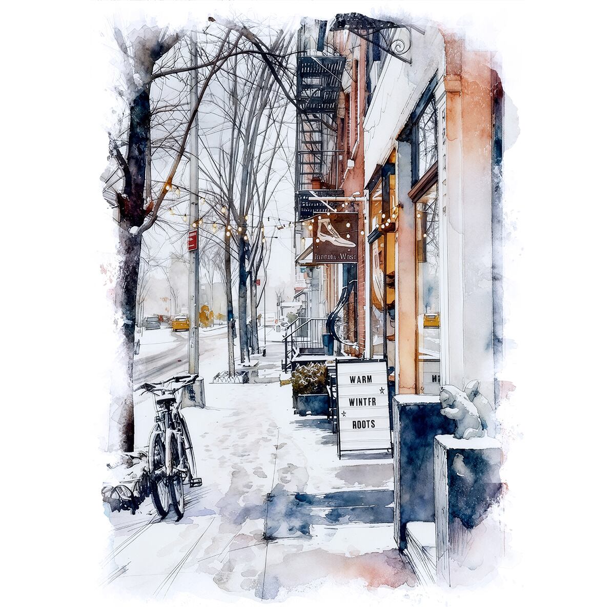 絵画 風景画(街並み) 冬 アメリカ ニューヨーク 雪のサウス・ヴィレッジ地区 インテリアアート額付き 水彩画・油絵風 WAT0998