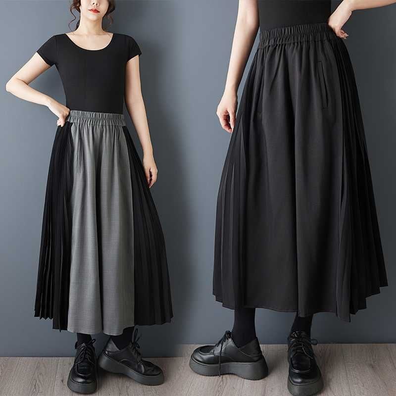 PLEATS STITCH A-LINE MIDI WIDE LEG SKIRT LIKE PANTS 2colors M-16059