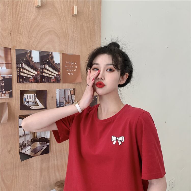 サマールーズ薄手リボンプリントTシャツ ホワイトラウンドネックトップス 夏物 Oネック 試着室69522807095