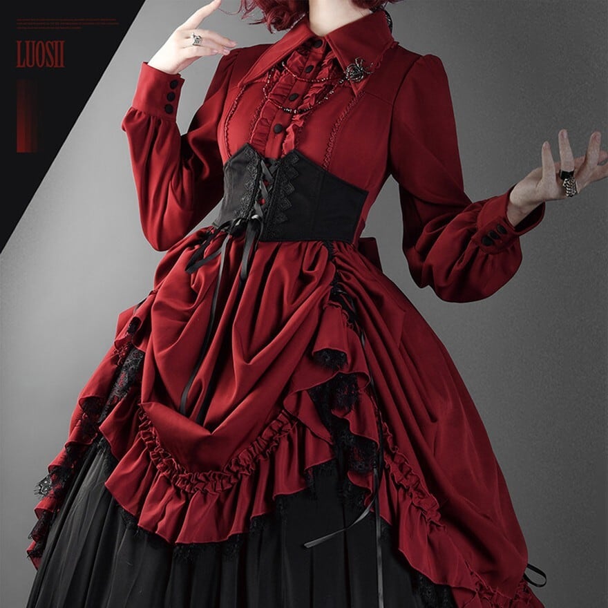 受注予約】 ゴスロリ｜深紅ドレープが揺れるロング丈シャツワンピ
