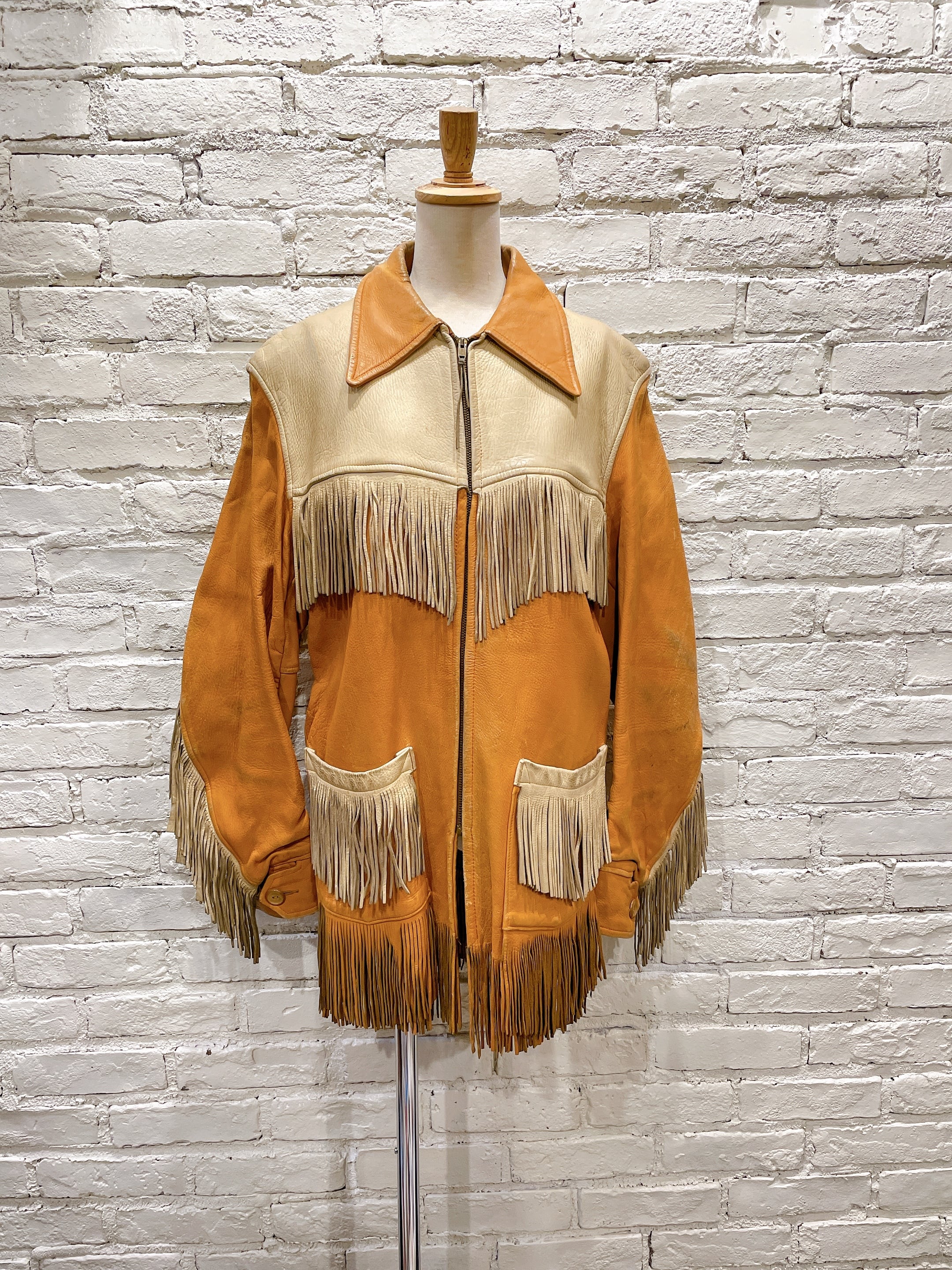 60s ディアスキンレザージャケット 70年代 バイカラーフリンジレザー  