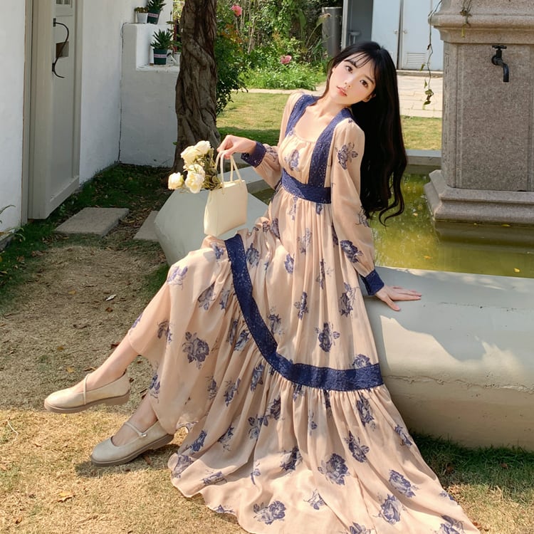 ロングワンピース レディース ロング ワンピース 花柄 スクエアネック